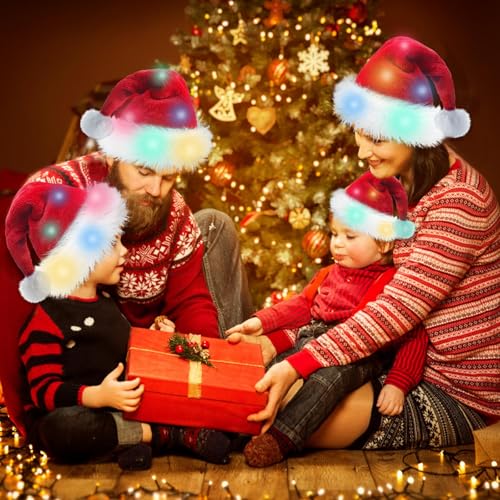 Double Santa Hat for Kids, Babies & Adults - Red Velvet Xmas Hat with LED - One Size