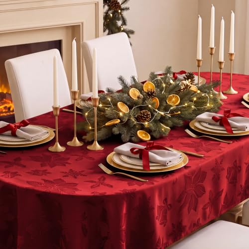 Christmas Jacquard Oval Tablecloth Red Flower Pattern 60x84 Inches - Festive Holiday Decor