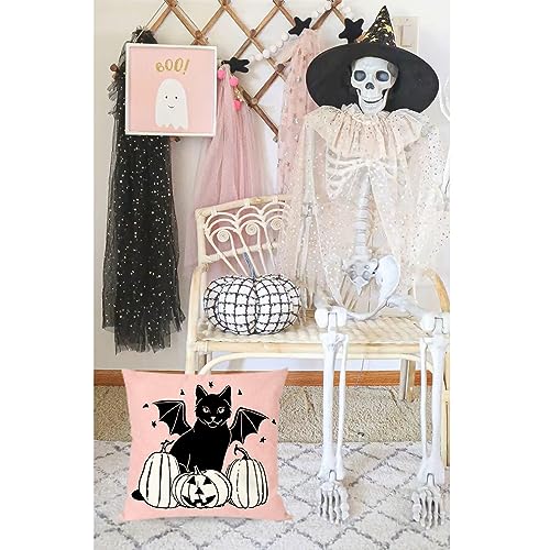 PANDICORN Pink Halloween Pillow Covers 18x18, Set of 4 Ghost Skeleton