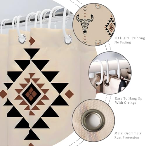 Western Aztec Shower Curtain - Vintage Bull Skull & Cowboy Hat, 72x72