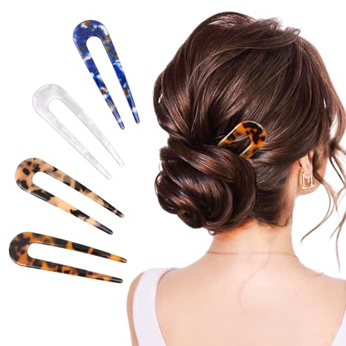 Sublaga 4Pcs French Hair Forks, U Shaped Cellulose Acetate Hair Pins