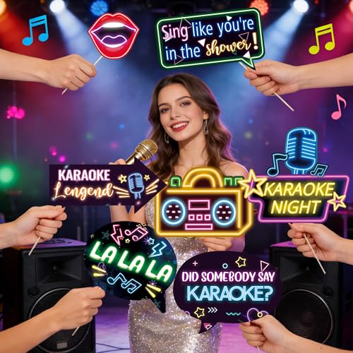 Karaoke Night Photo Booth Props - 12 PCS Music Decorations