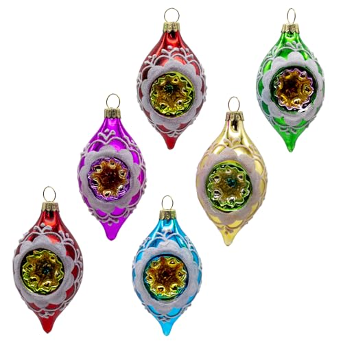 Set of 6 Multicolor Glass Holiday Ornaments with White Glitter - 88mm