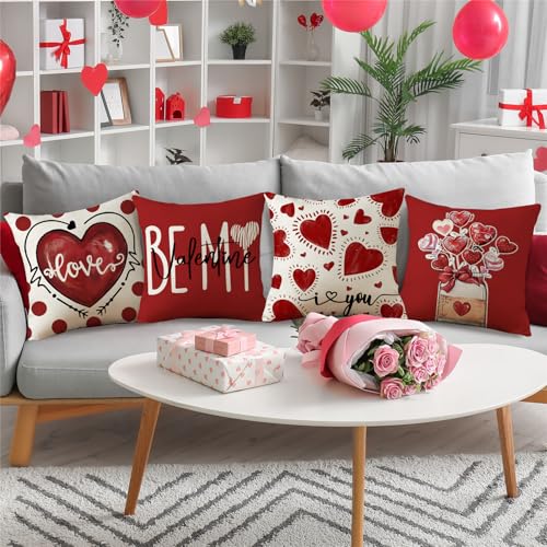 Valentine's Day Love Heart Polka Dot Pillow Covers 18x18, Set of 4