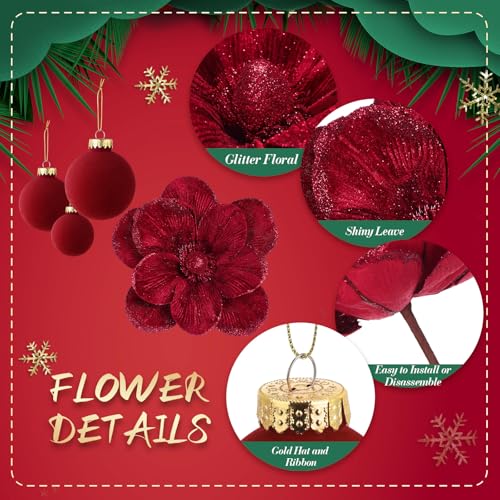 Burgundy Velvet Christmas Tree Decorations Set with Poinsettias & Ornaments