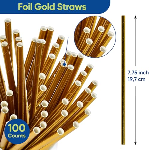 Foil Gold Paper Drinking Straws 7.75 inch, 100 Count, Eco-Friendly, for Cocktails & Parties
