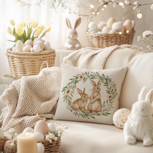 Easter Pillow Cover 18x18 Inch Bunny Garland Decorative Cushion Case