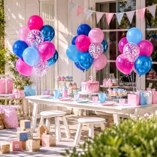 Pink and Blue Balloons Set - 35pcs 12 Inch Metallic & Confetti