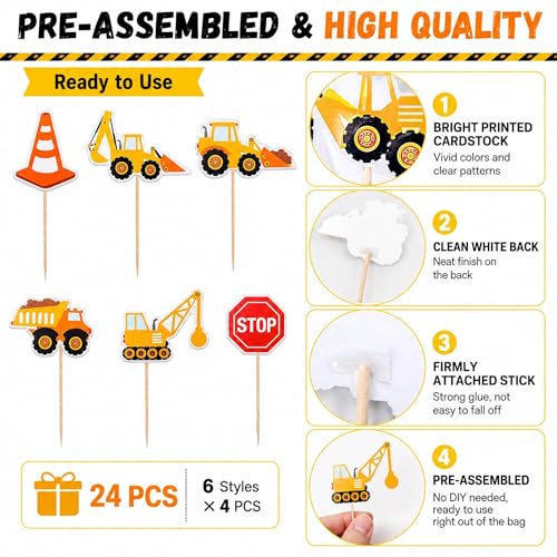 24 Pcs Construction Cupcake Toppers - Excavator & Truck Decorations
