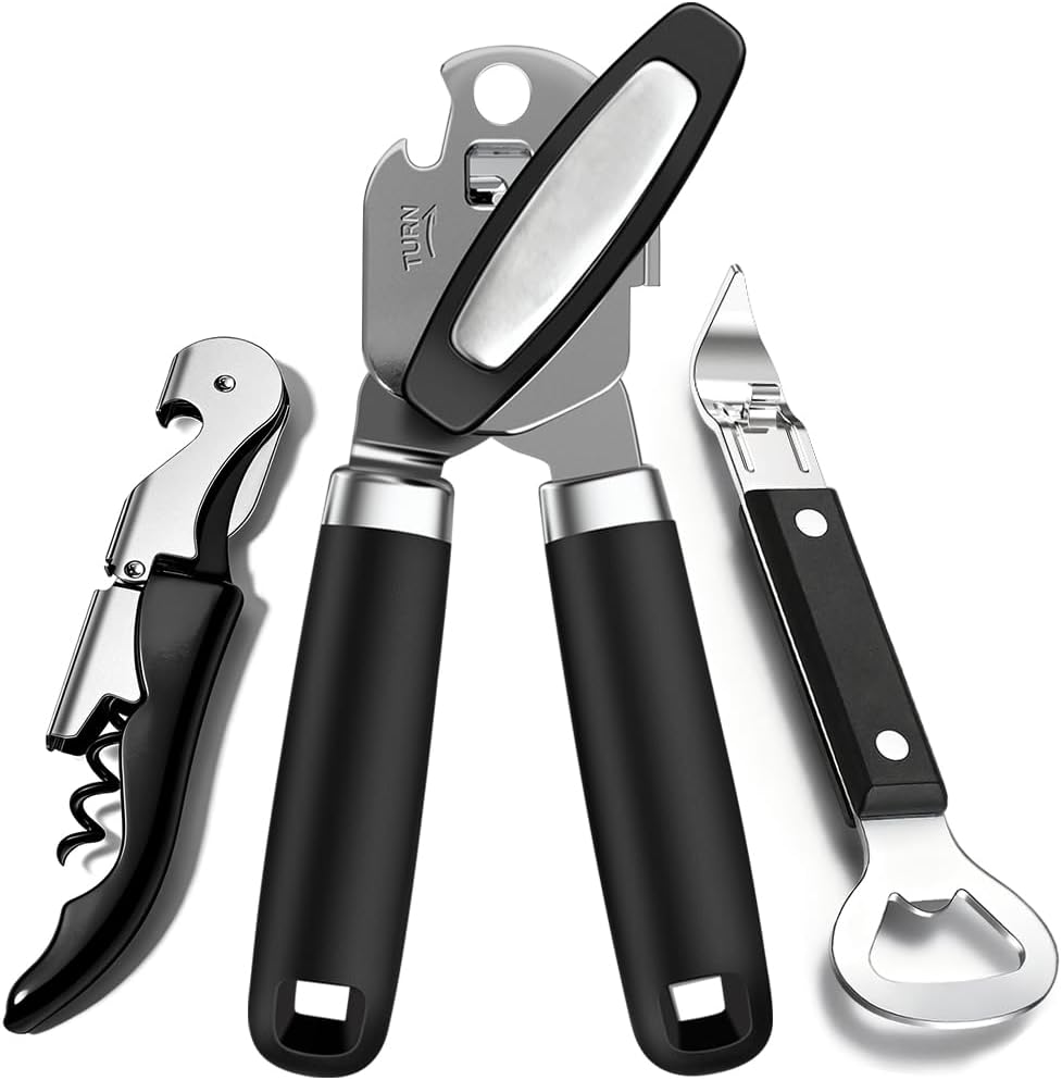 Skiennix Manual Can Opener Set - Heavy Duty Stainless Steel with Smooth Edge & Strong Magnet | 3-Piece Black Kitchen Tool