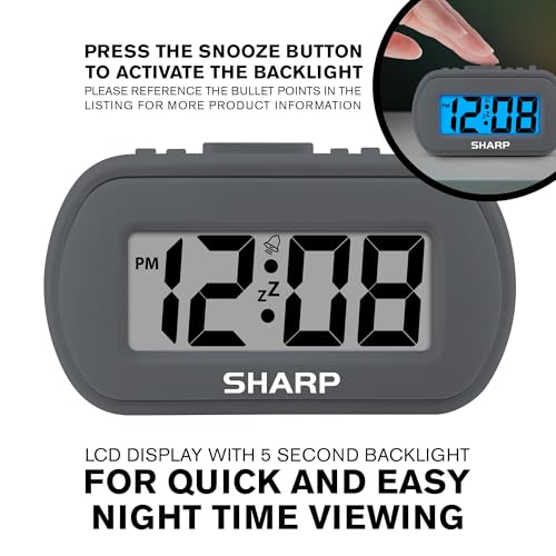 Sharp Digital Alarm Clock, Battery Operated with Backlight, Charcoal Black