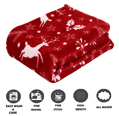 Christmas Reindeer Velvet Fleece Blanket - 50 x 60 Burgundy Holiday Throw