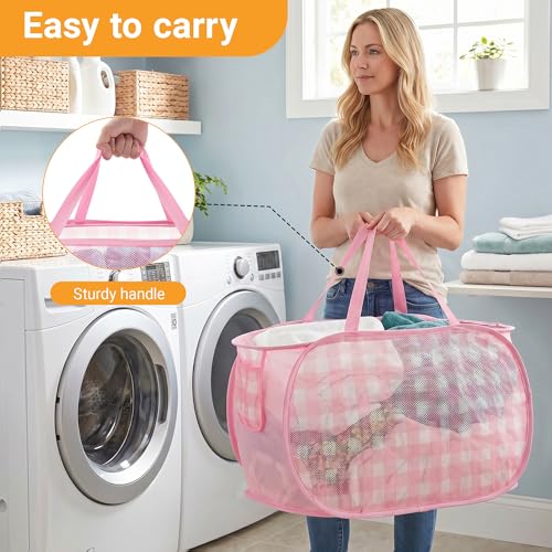 Sturdy Collapsible Laundry Basket with Pocket - Foldable Hamper for Kids Room, Dorm, and Travel - Check Print, Pink