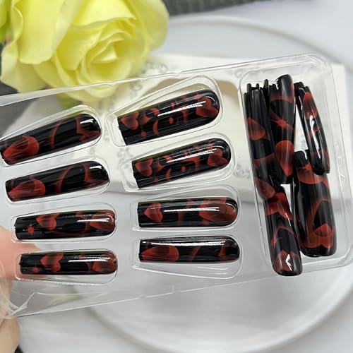 Valentine's Press on Nails Long Square Red Heart Fake Nails Glossy Black