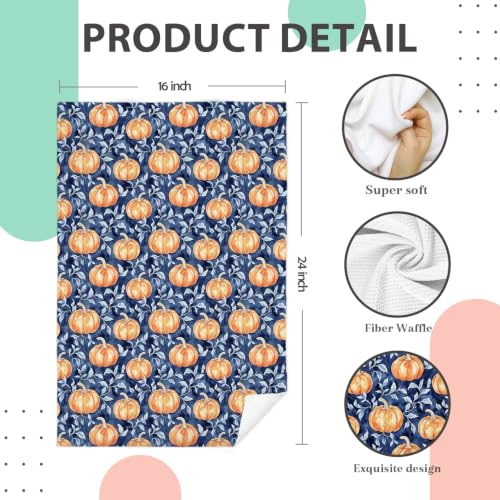 Navy Blue & Orange Pumpkin Kitchen Towels - 16x24 Decorative Hand Towels