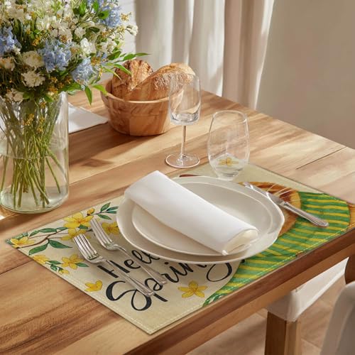 HOMETITUTE Spring Floral Cat Placemats Set of 4 12x18 Linen