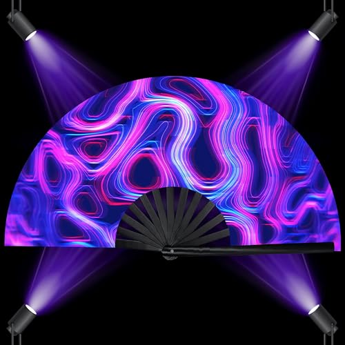 Large 25" UV Glow Rave Folding Hand Fan - Waves2 Design