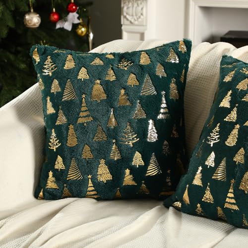 Amyhill Dark Green Christmas Tree Pillow Covers 18x18 - 2 Pack Plush