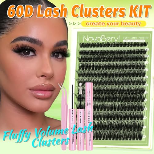 NovaBeryl 60D Wispy Lash Clusters Kit with Bond, Seal, and Tweezers