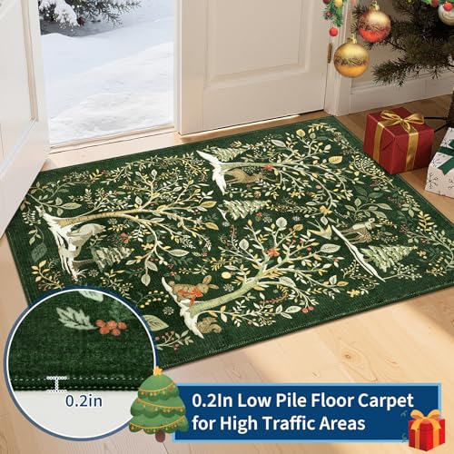 Green 5x7 Christmas Forest Rug with No-Slip Backing - Holiday Floor Mat for Dining & Living Rooms