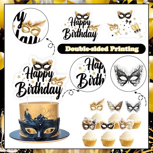 Black Gold Masquerade Cake Decorations - 25 Pcs Set for Birthdays