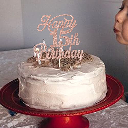 Rose Gold Glitter 15th Birthday Cake Topper - 15 & Fabulous Party Decoration