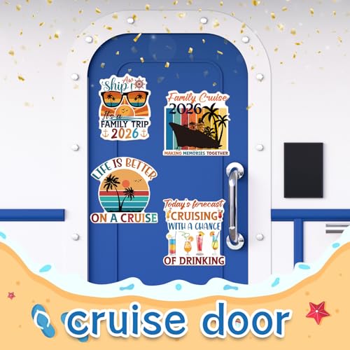 Retro Family Cruise Ship Door Magnets - 4-Piece Reusable Magnetic Decor Set