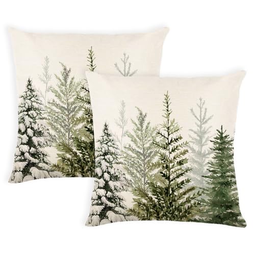 Green Watercolor Christmas Pillow Covers Set of 2 - 18x18 Inch Decorative Cushions