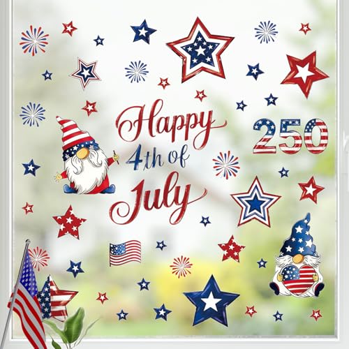 250th Anniversary Patriotic Window Clings - 6 Sheets of Gnome & Star Decals