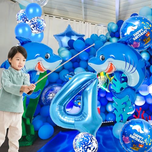 Giant Shark 4 Balloon - 40 Inch Blue Foil Number 4 for Kids Birthday Party (Shark-4)