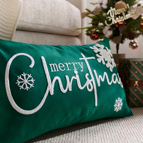 Christmas Pillow Covers 12x20 Inch Snowflake Embroidery Holiday Decor Green White