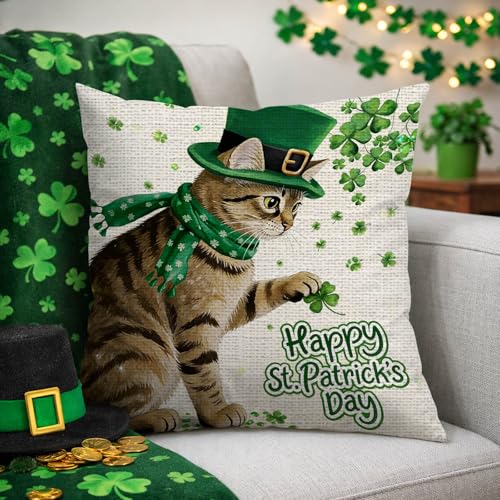St. Patrick's Day Shamrock Cat Throw Pillow Cover 18x18