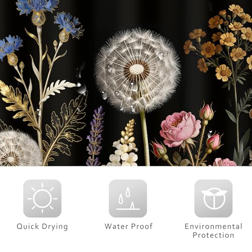Riyidecor Black and Gold Floral Shower Curtain, 72" x 72" Boho Bathroom Set