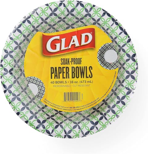 Glad 16oz Round Paper Bowls - Happy Daisies Design, 40 Count (Blue & Green)