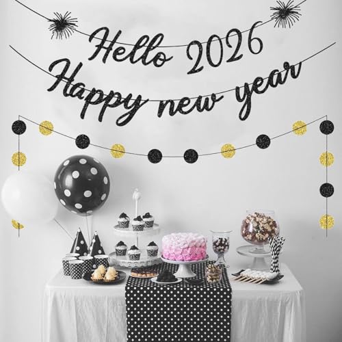 2026 Happy New Year Banner - Black Glitter Party Decoration
