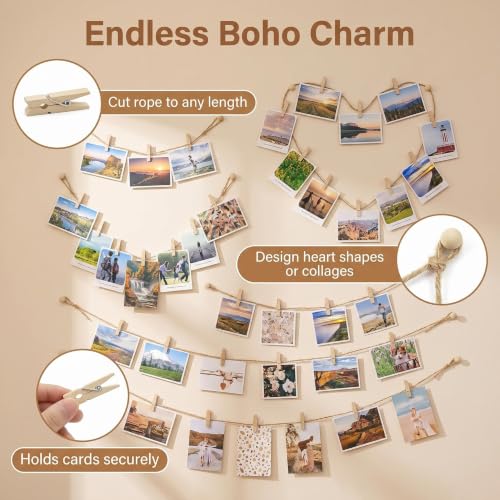 Hanging Photo Display Kit with 100 Wooden Clips & 65ft Rope