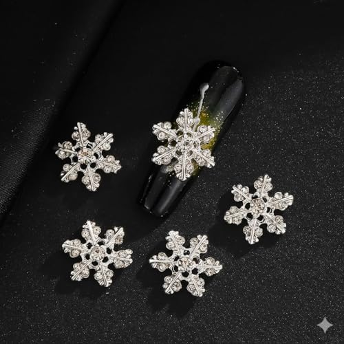 Christmas Snowflake Nail Charms 3D Silver Rhinestone Gems 10 Pcs
