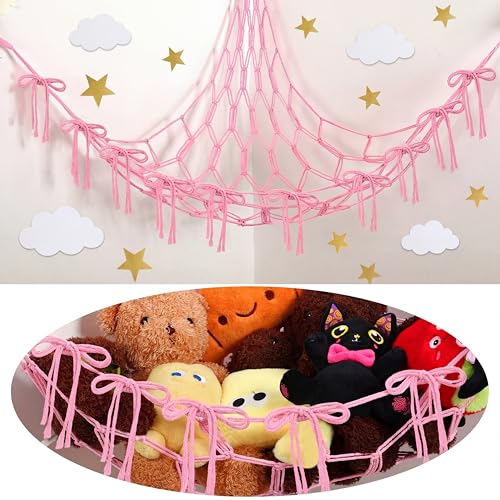 Ribbonlic Pink Bow Stuffed Animal Hammock - Boho Corner Plushie Organizer