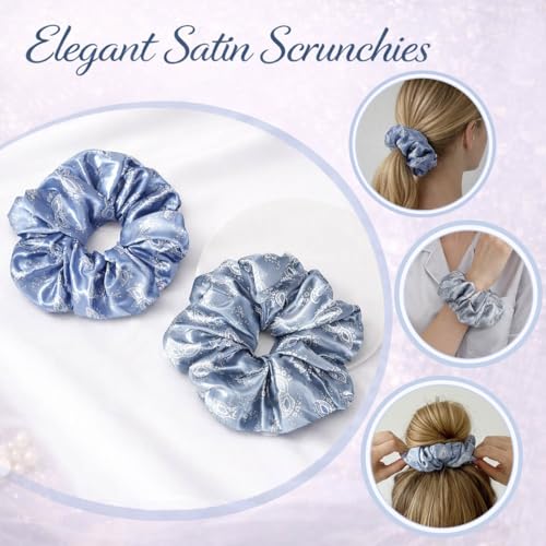 INLOLLY Oversized Satin Hair Scrunchies 2-Piece Set in Blue and Grey