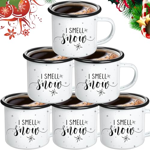 Set of 6 Enamel Christmas Mugs - Snowflake Winter Coffee Cups