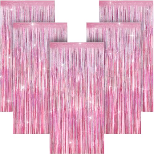 SIOMEIRY 5 Pack Glitter Pink Tinsel Fringe Curtains for Parties & Photo Booths, 3.28ft x 6.56ft