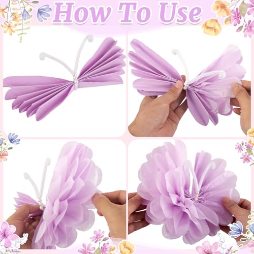 12PCS Butterfly Tissue Paper Pom Poms - Khaki, Pink & Purple Decorations