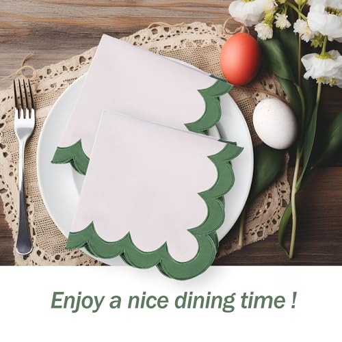 Beige with Green Trim Embroidered Cloth Napkins Set of 4 18x18 Inches