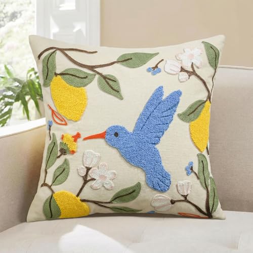 AVOIN colorlife Floral Lemon Hummingbird Embroidered Pillow Cover 18x18