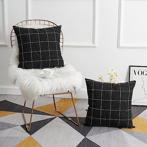 Pack of 2 Black & Beige Plaid Throw Pillow Covers - 20x20 Linen Cushion Covers for Sofa & Living Room