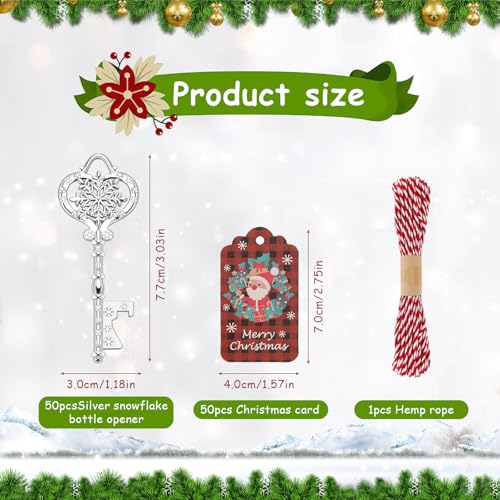 Snowflake Style Christmas Bottle Opener Keychain Set with Cards & Ropes - Silver Snowflake Design