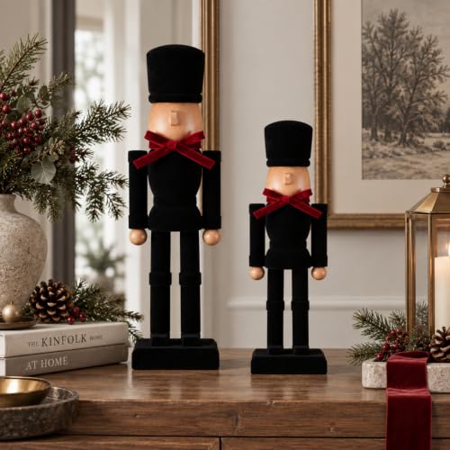 Christmas Wooden Nutcracker Figures Decor Set - 15 Inch & 10 Inch Flocked Soldiers
