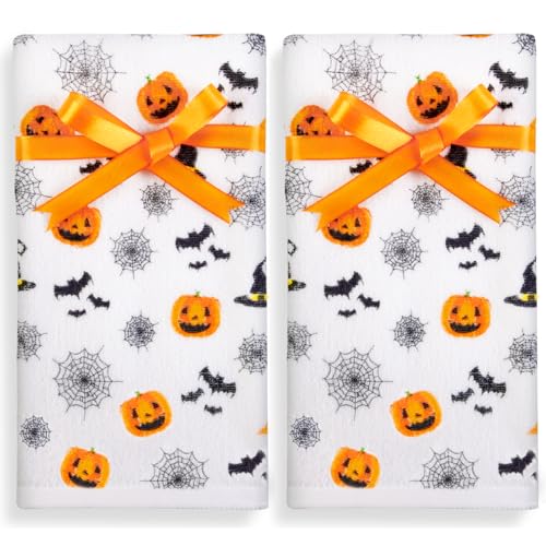 Halloween 2 Pack Cotton Hand Towels - Scary Pumpkin & Spider Web Design