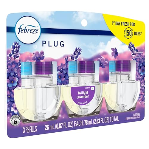 Febreze Plug In Air Freshener, Odor-Fighting Scented Oil Refill, Air Fresheners for Home and Bathroom and Kitchen, Long Lasting for Strong Odors, Twilight Lavender Scent, 0.87oz Refills, 3 Count