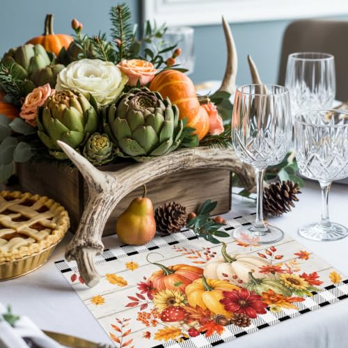 Fall Placemats Set of 6 - Orange and Black Farmhouse Table Mats with Pumpkin Design